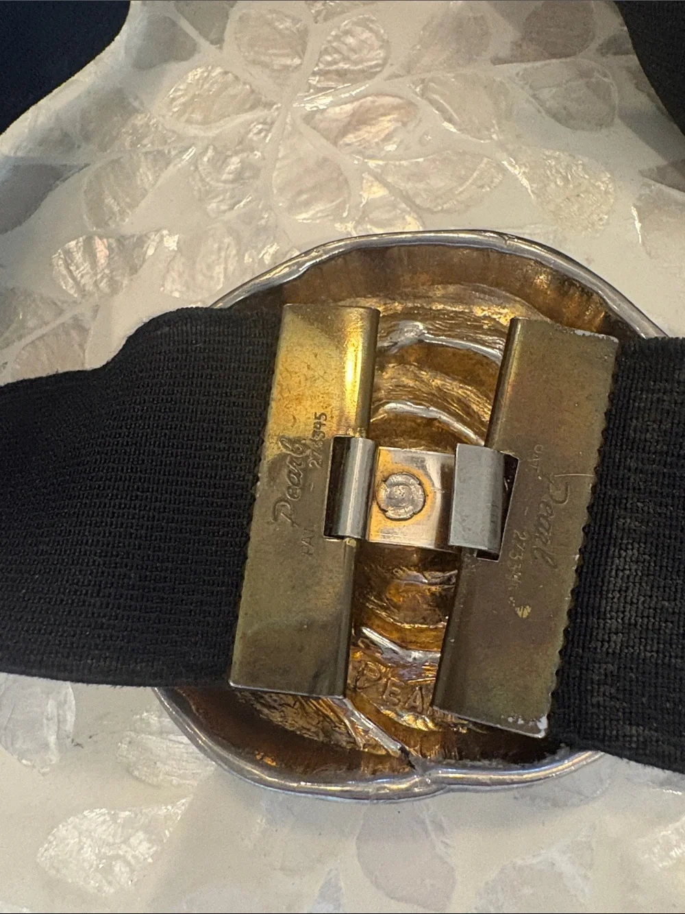 Vintage Pearl by Axiom Black Elastic‎ Ribbon Belt with Silver/Gold Spiral Buckle